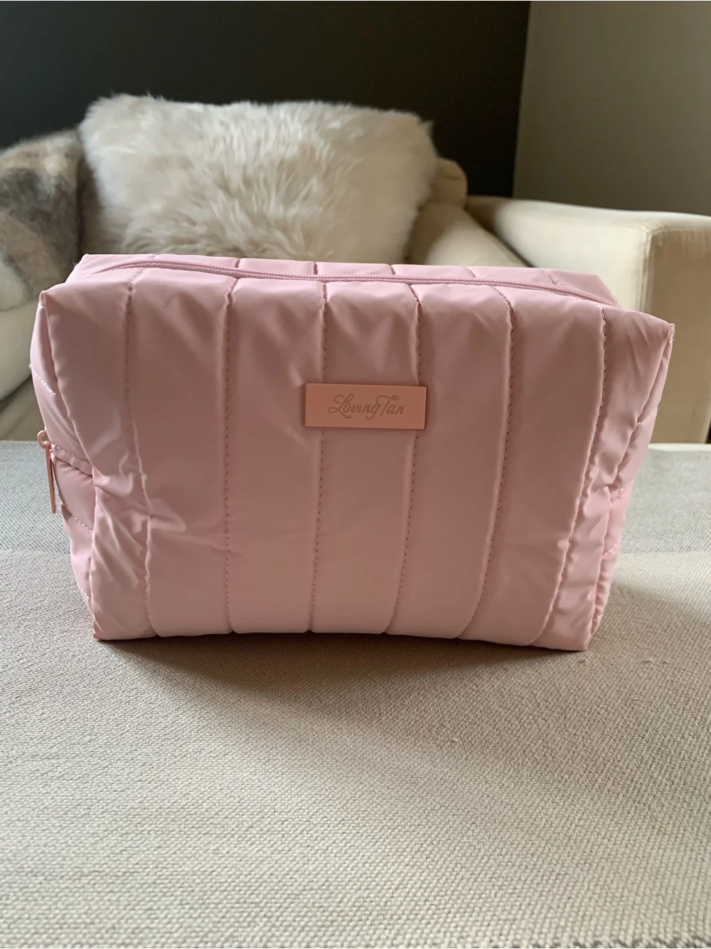 Loving Tan Pink Quilted Travel  Cosmetic Organizer Pouch  8”x8”